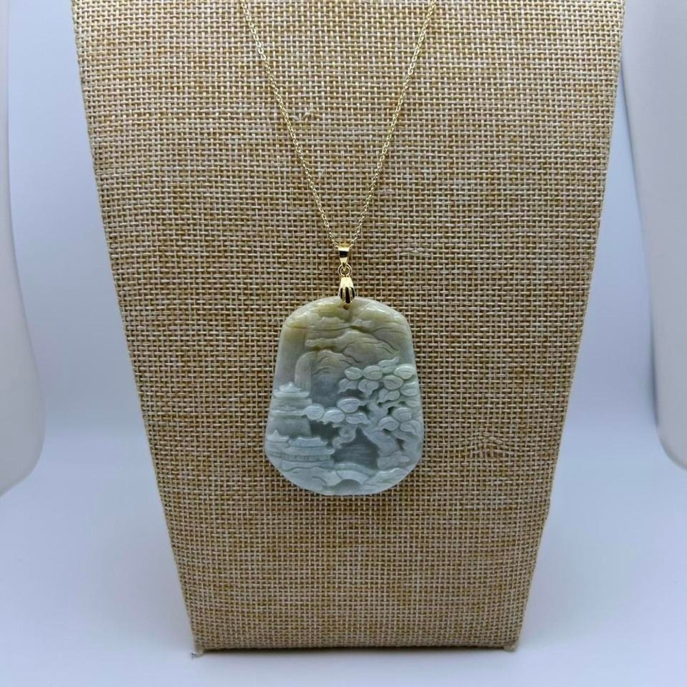 Carved Green Jade Landscape Pendant Necklace with 24K gold plated‎ chain